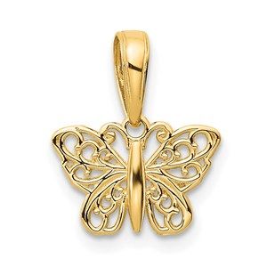14k Yellow Genuine Gold Polished Filigree Butterfly Necklace Charm Pendant